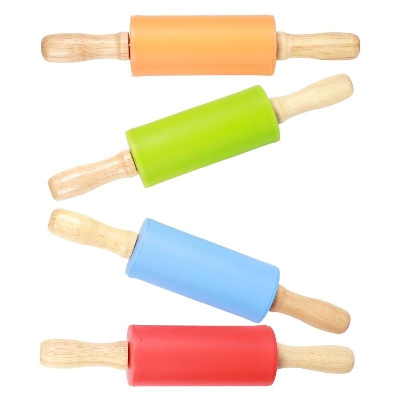 4PCS Mini Silicone Rolling Pin with Wooden Handle Non-Stick Dough Roller for Pizza Pastry