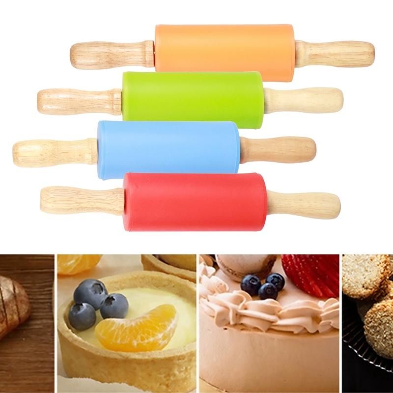 4PCS Mini Silicone Rolling Pin with Wooden Handle Non-Stick Dough Roller for Pizza Pastry