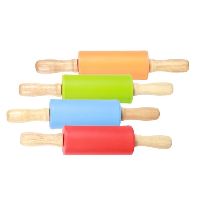 4PCS Mini Silicone Rolling Pin with Wooden Handle Non-Stick Dough Roller for Pizza Pastry