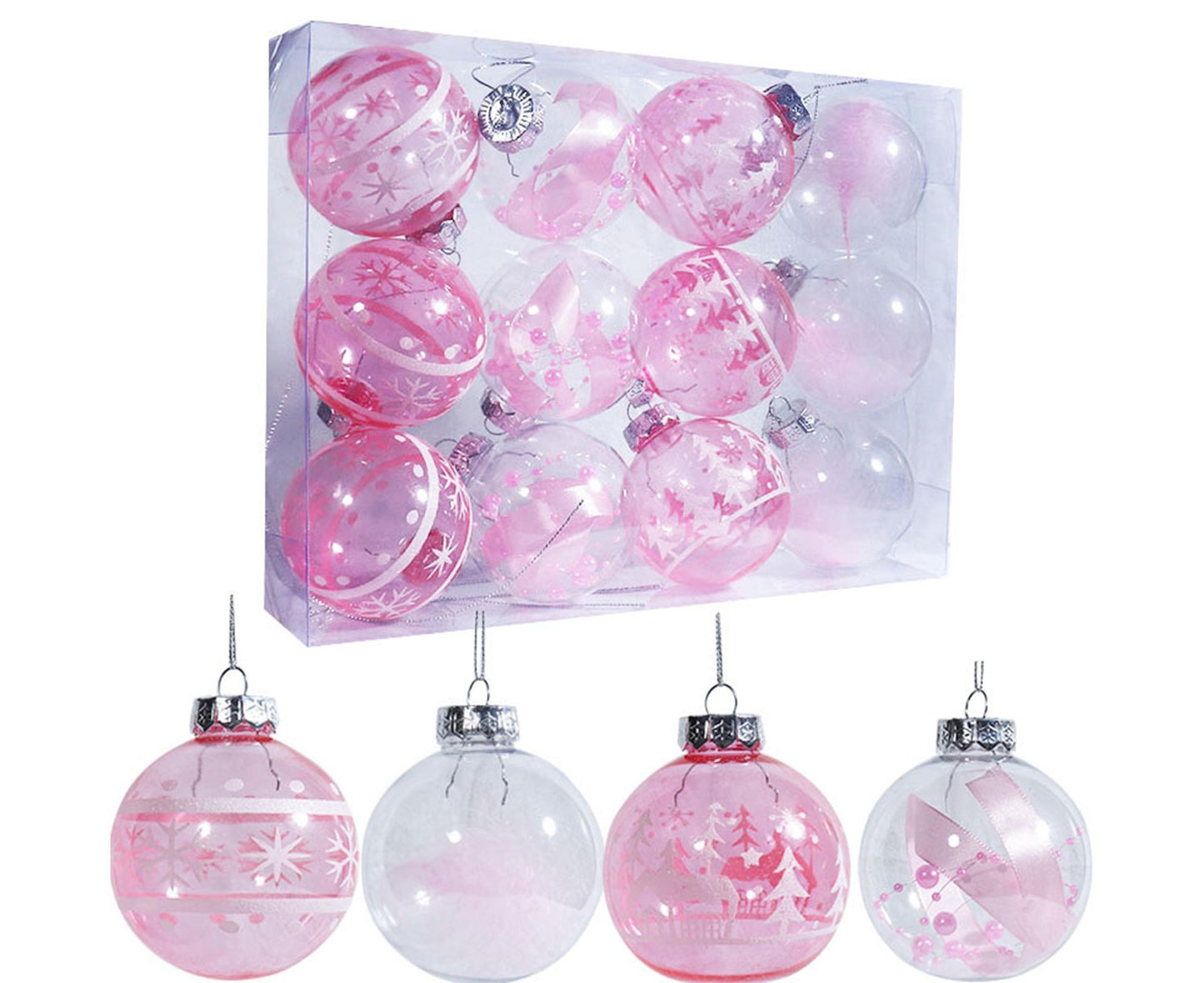 12Pcs Xmas Ball Ornament Round Party-Pink 8cm