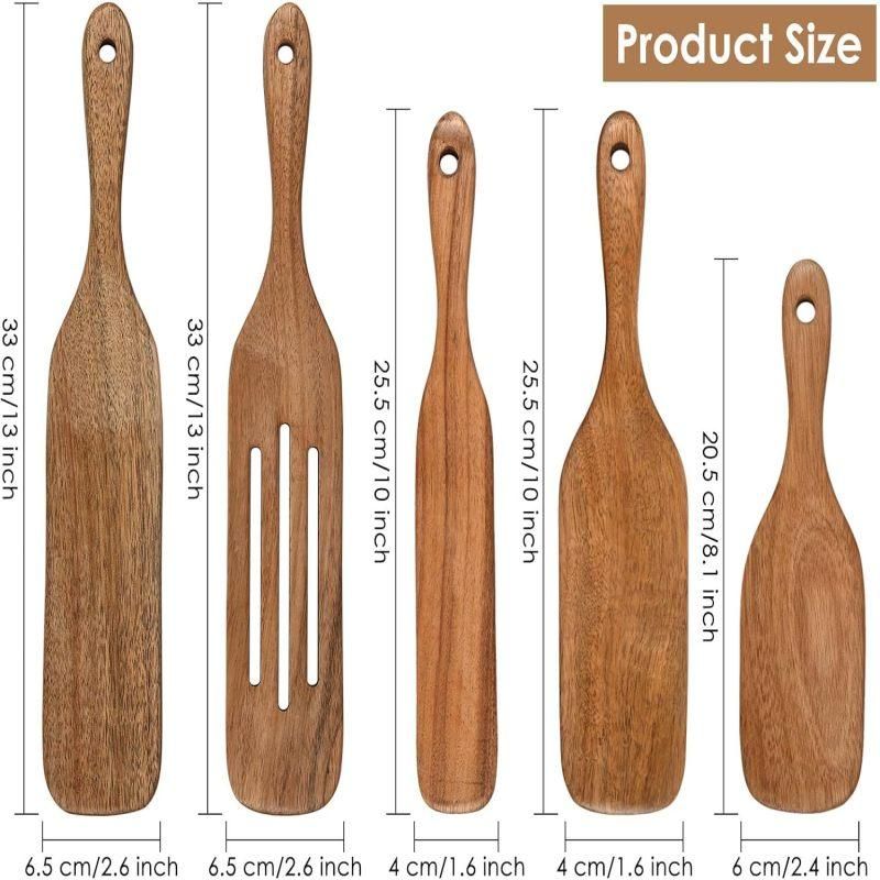 5 Pack Teak Wooden Spatula Set Non-Stick Pan Kitchen Cooking Utensils Brown