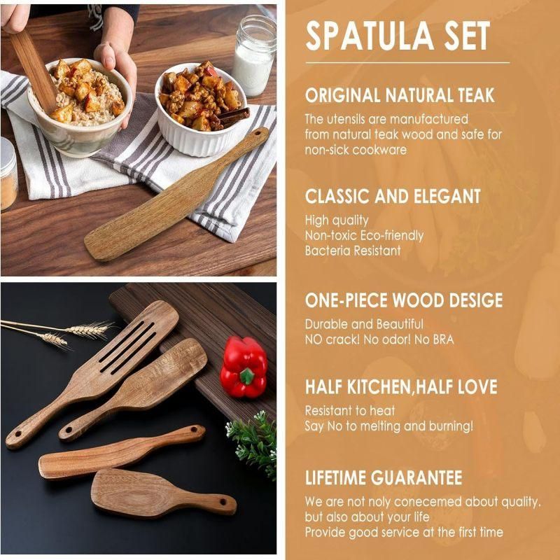 5 Pack Teak Wooden Spatula Set Non-Stick Pan Kitchen Cooking Utensils Brown
