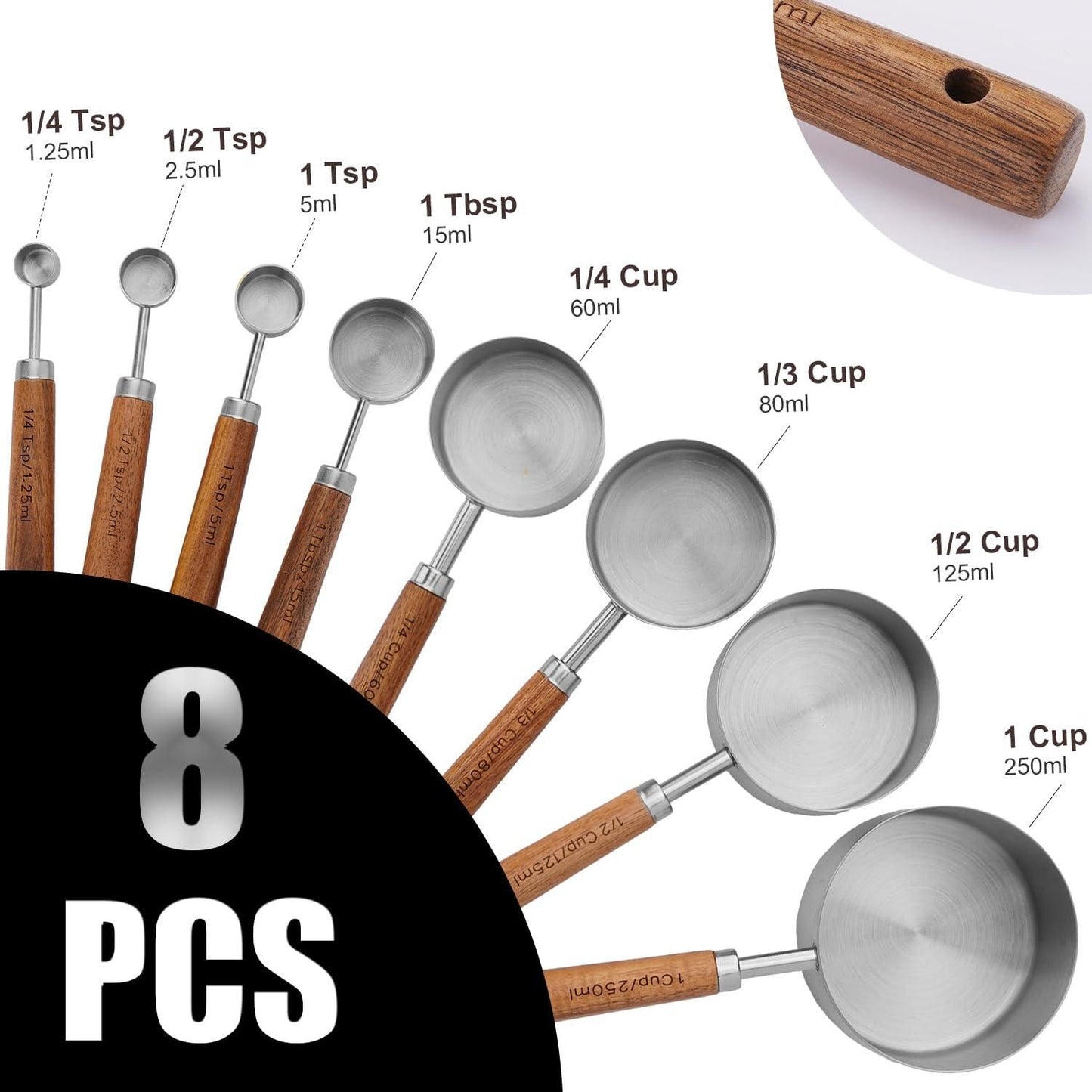 Measuring Cups Spoons Set Stainless Steel Wood Handle Premium Kitchen Baking Silver