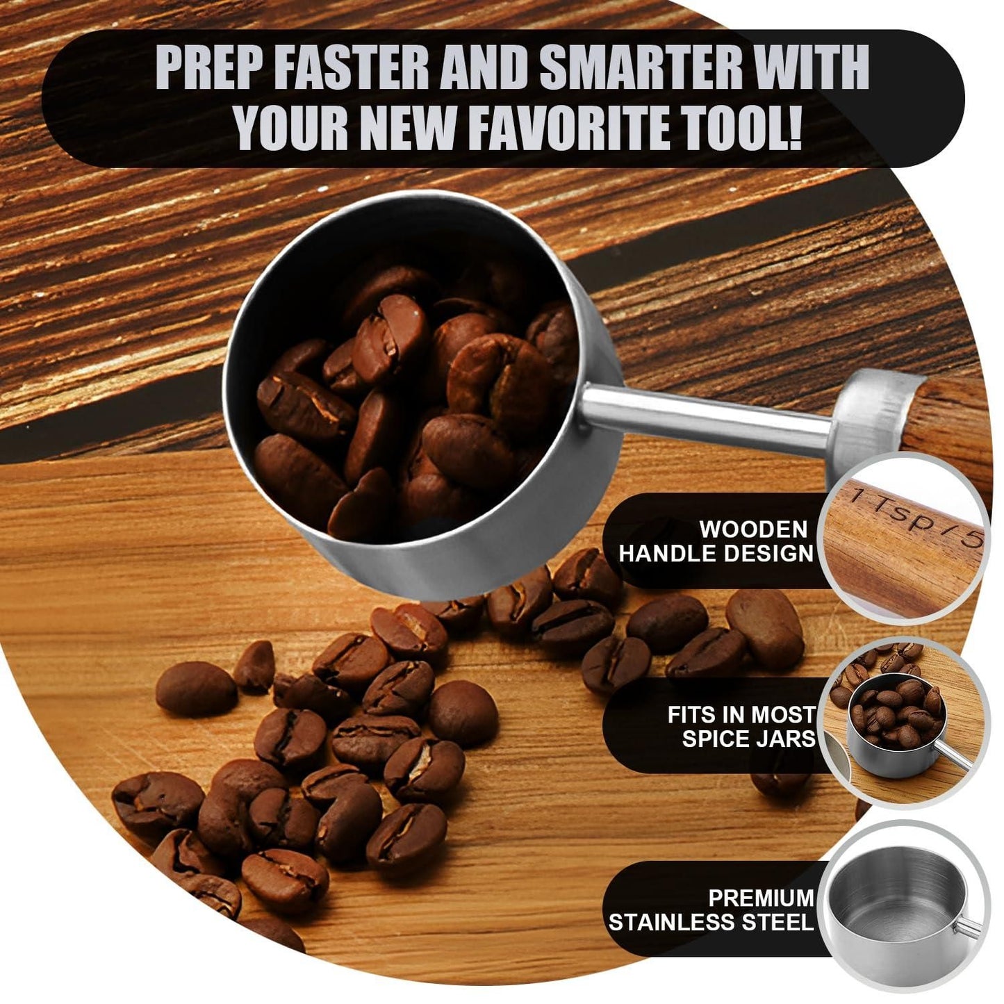 Measuring Cups Spoons Set Stainless Steel Wood Handle Premium Kitchen Baking Silver
