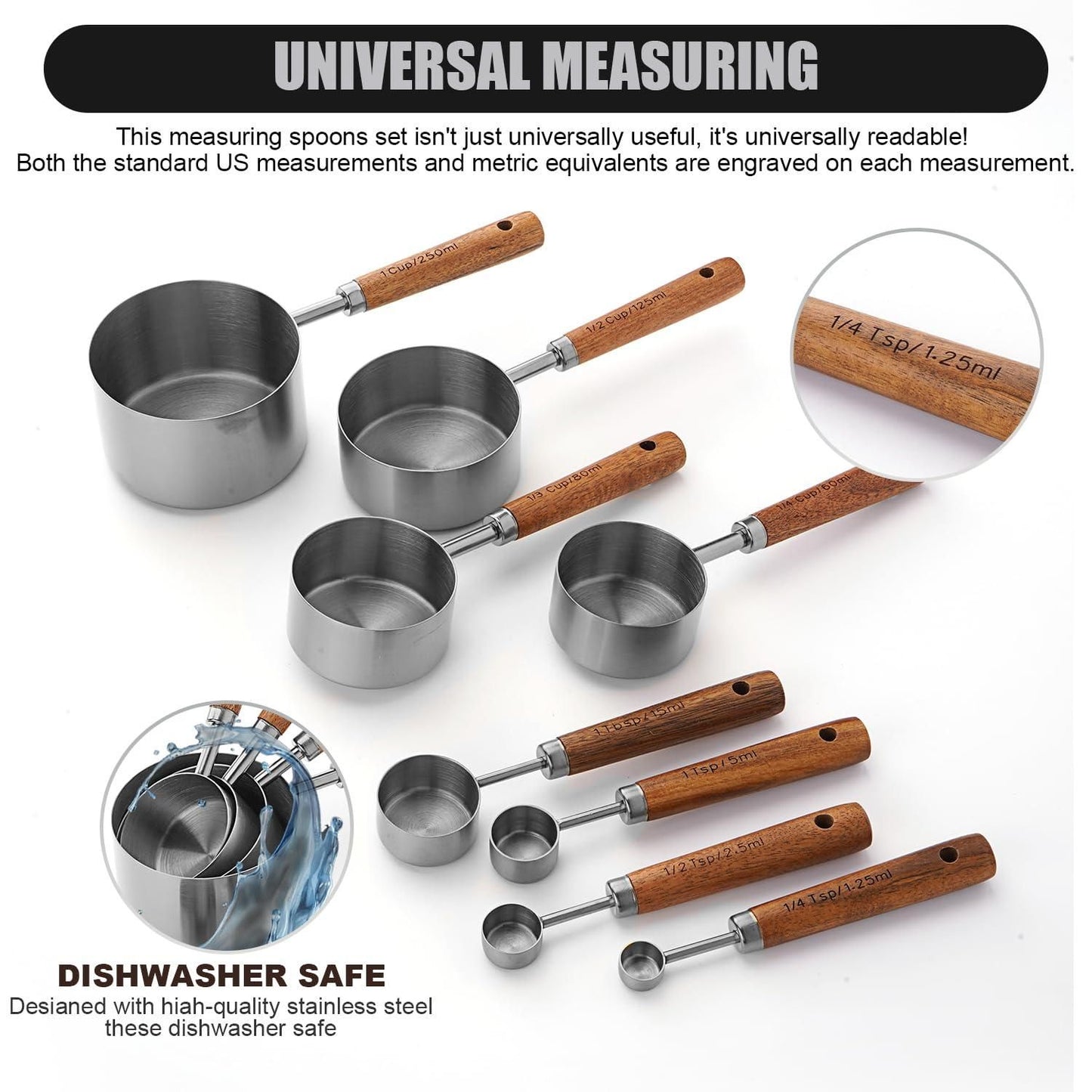 Measuring Cups Spoons Set Stainless Steel Wood Handle Premium Kitchen Baking Silver