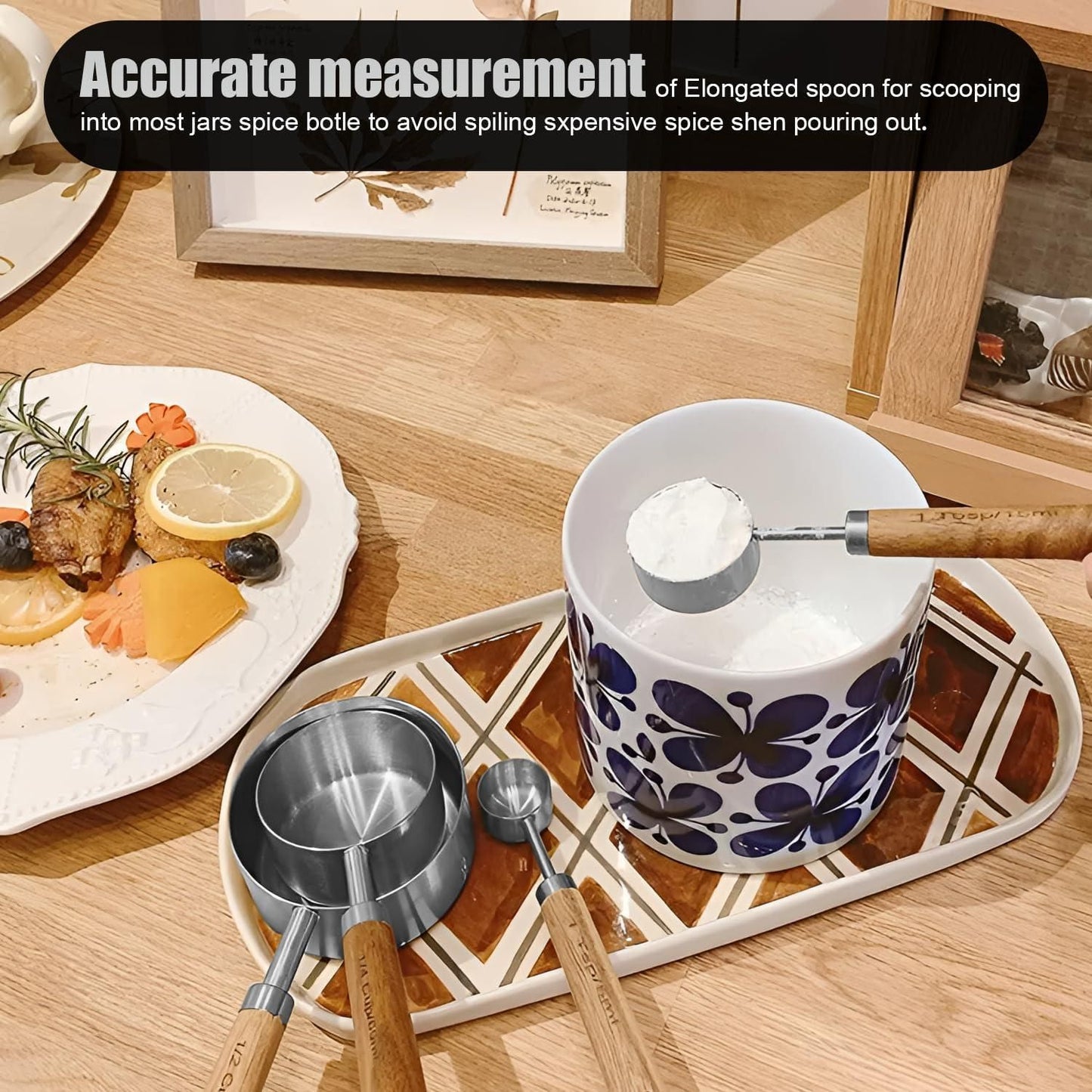 Measuring Cups Spoons Set Stainless Steel Wood Handle Premium Kitchen Baking Silver