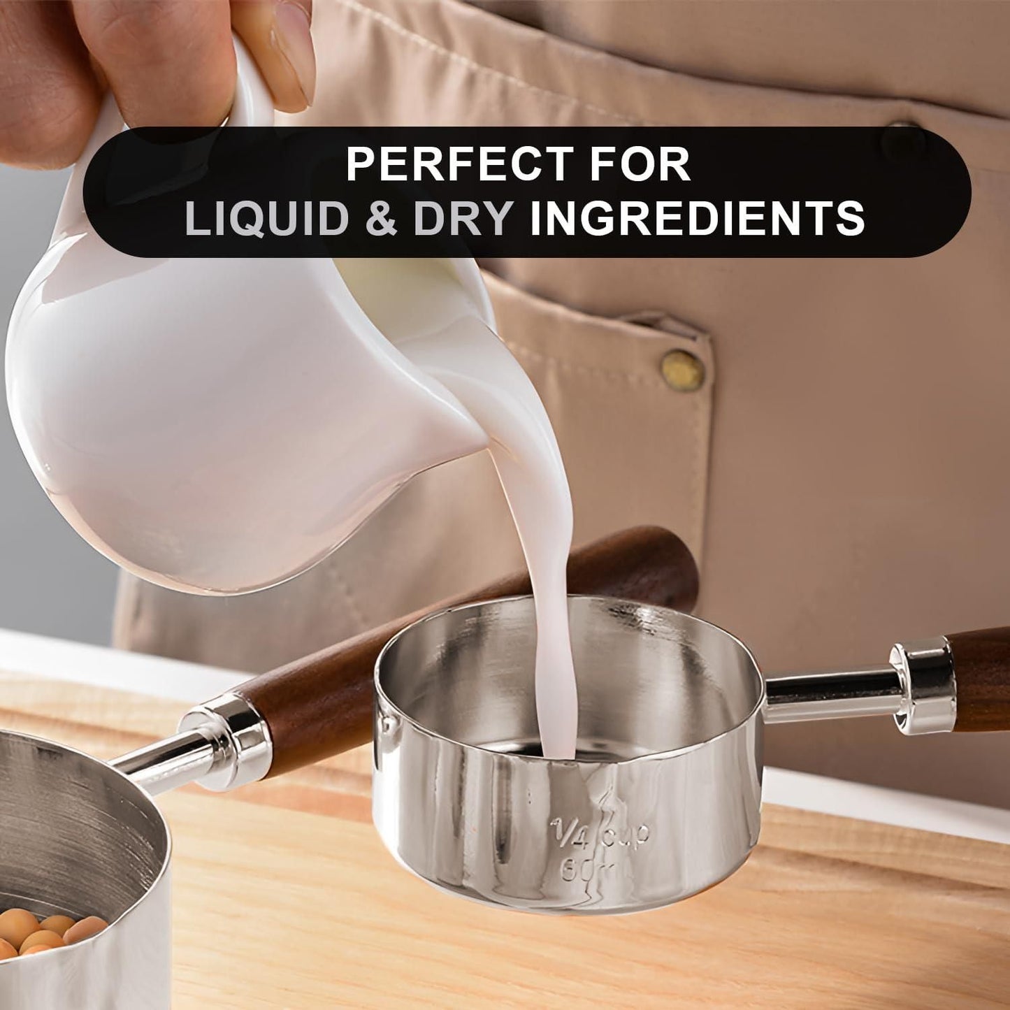 Measuring Cups Spoons Set Stainless Steel Wood Handle Premium Kitchen Baking Silver