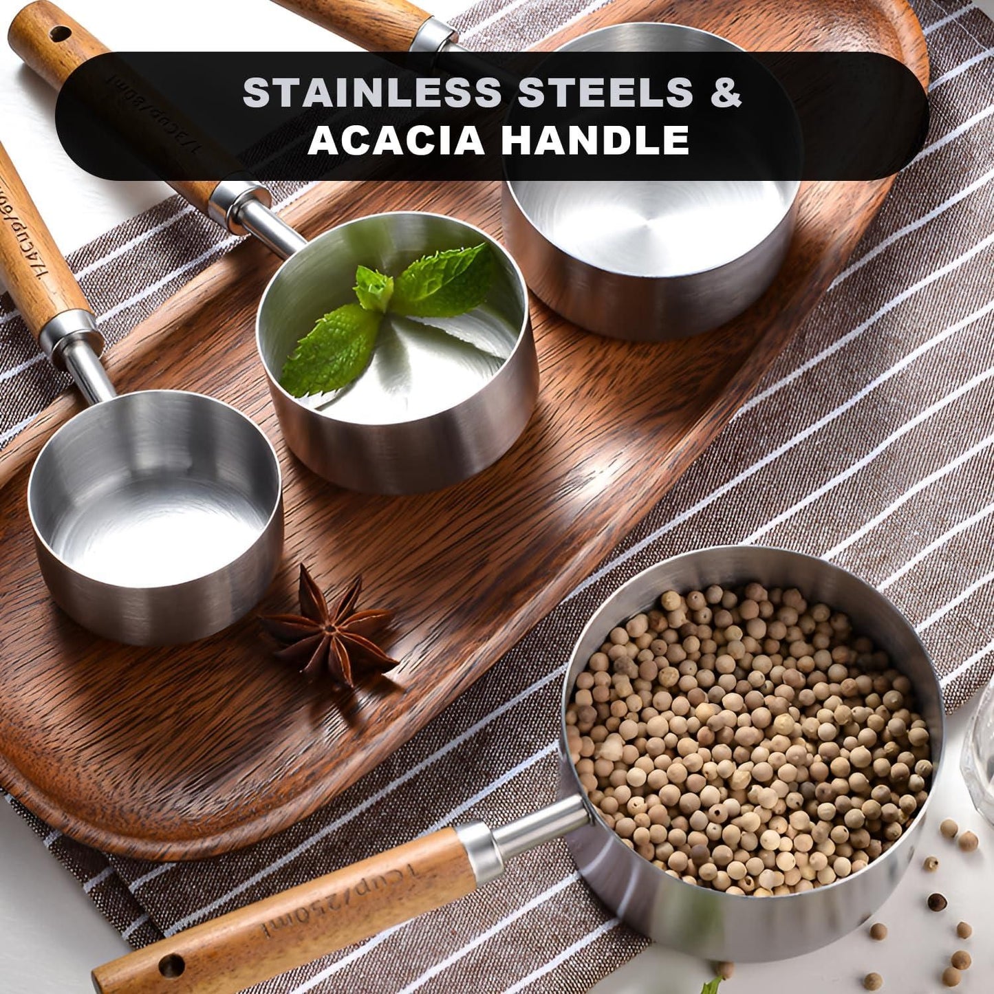 Measuring Cups Spoons Set Stainless Steel Wood Handle Premium Kitchen Baking Silver