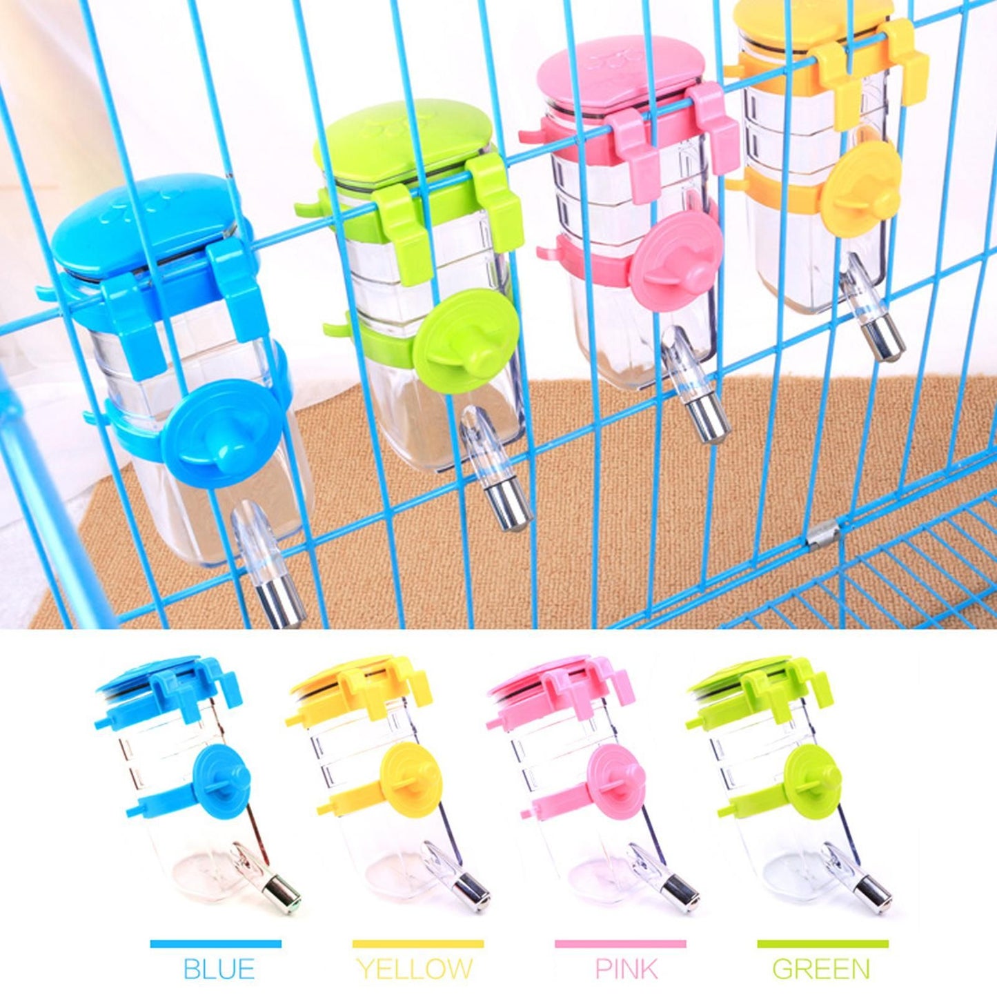 Hanging Pet Water Bottle 350ML Cage Mounted Feeder with Steel Ball Nozzle - Blue