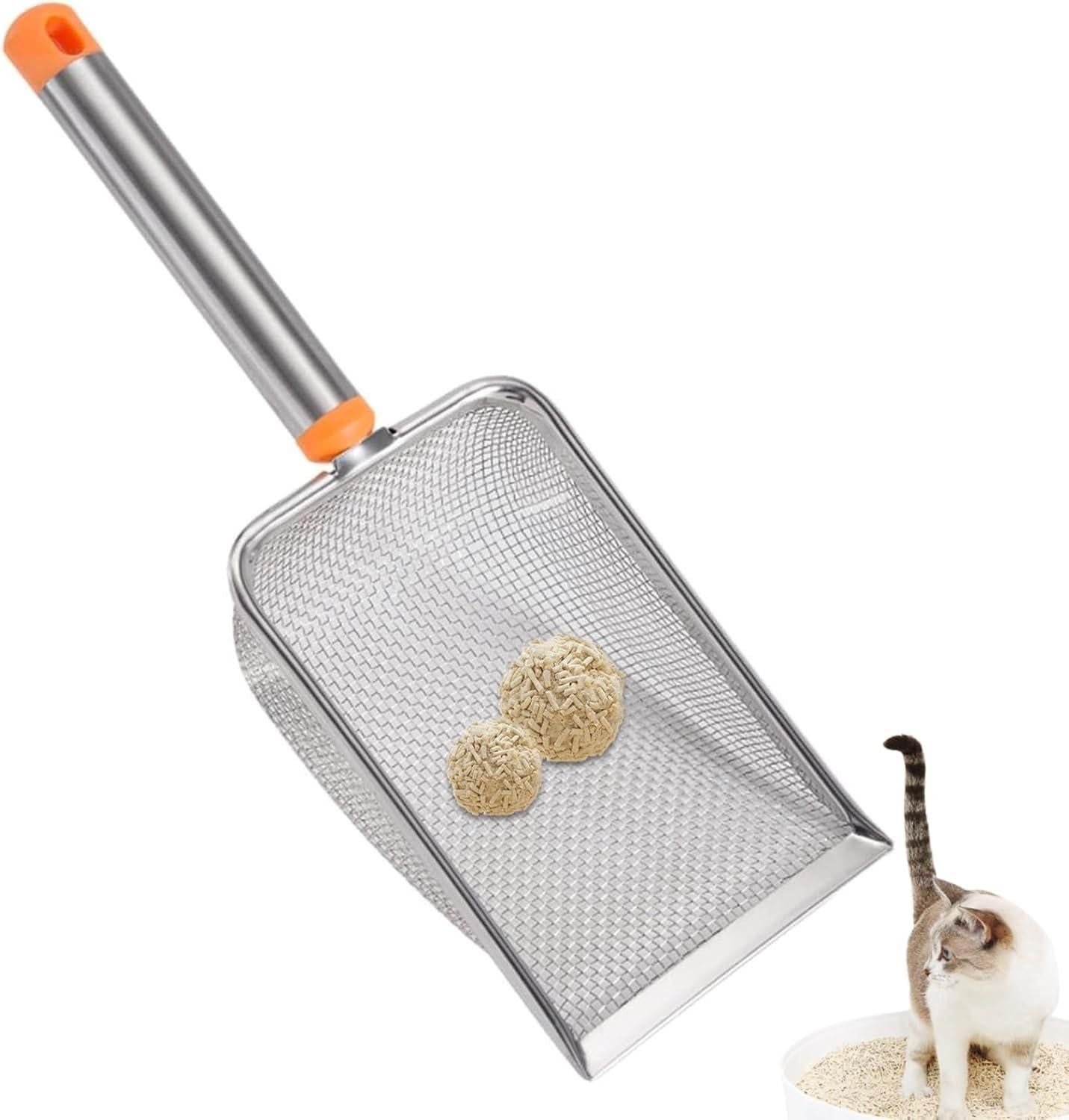 Stainless Steel Cat Litter Scoop Fine Mesh 2mm Sifter Heavy Duty Scooper Orange