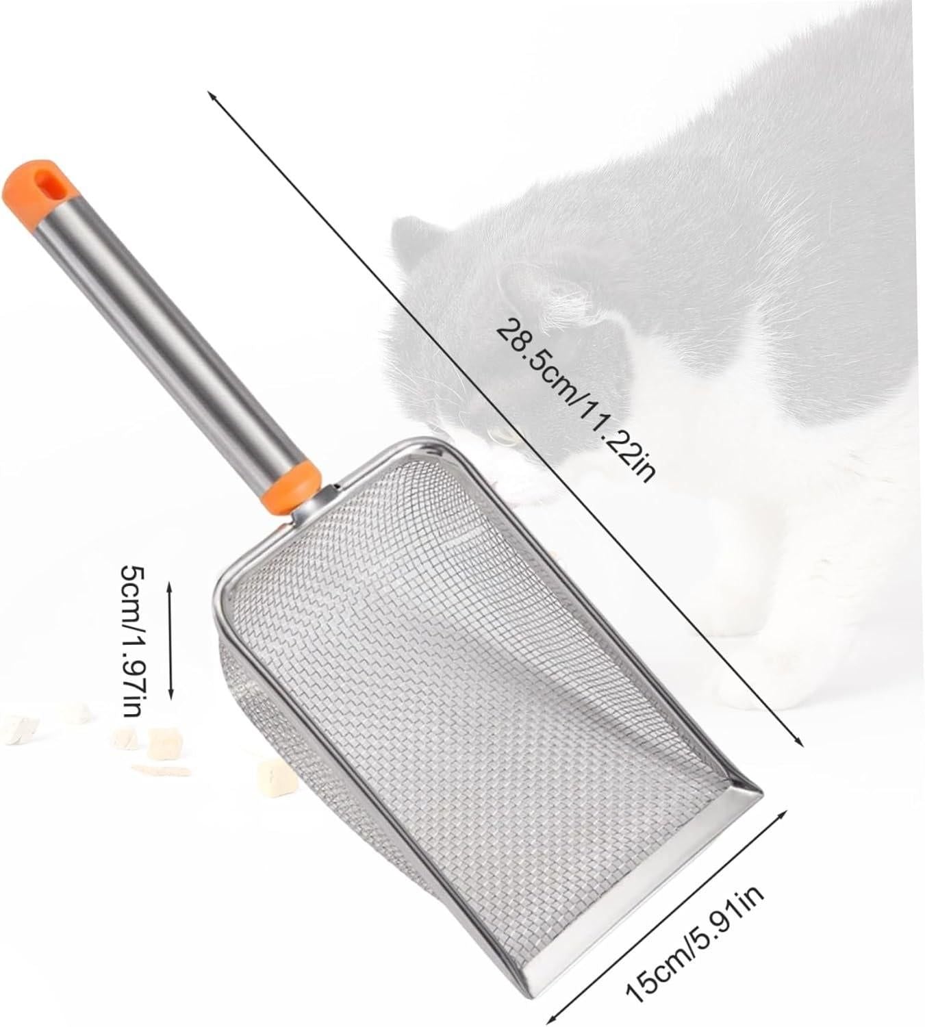 Stainless Steel Cat Litter Scoop Fine Mesh 2mm Sifter Heavy Duty Scooper Orange
