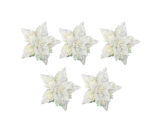 5Pcs Artificial Xmas Flower Leaves-Silver White