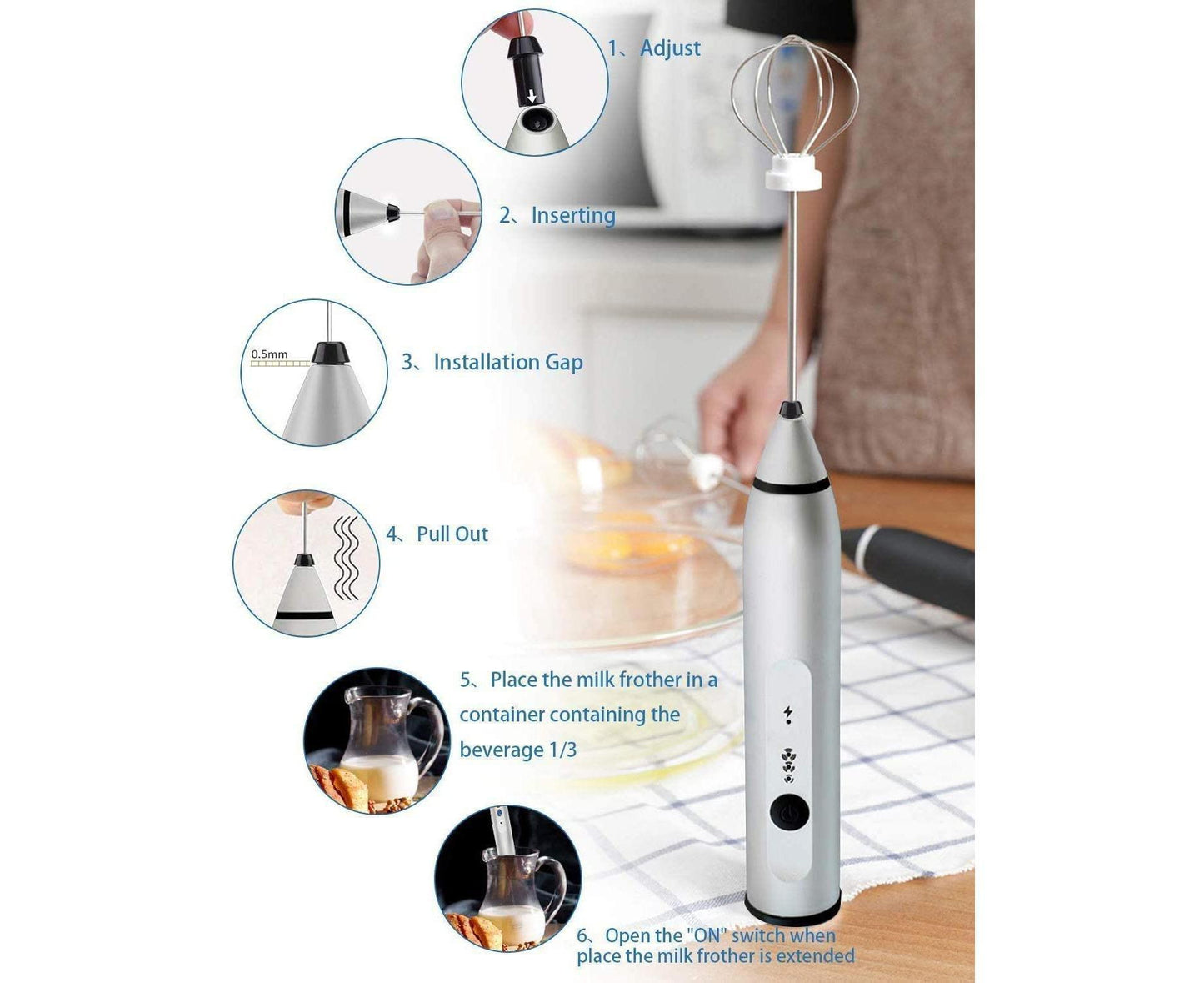 Milk Frother - Handheld Rechargeable - Stainless Whisks