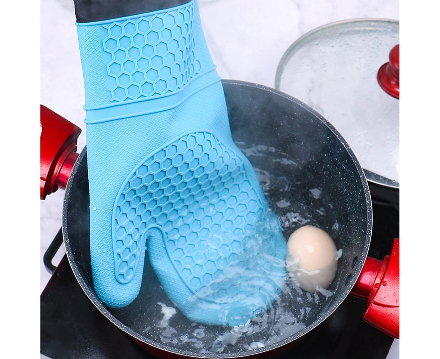 1Pc Waterproof Heat Resistant Silicone Mitt Triple Layer Hot Pads Oven Glove for Kitchen-Blue