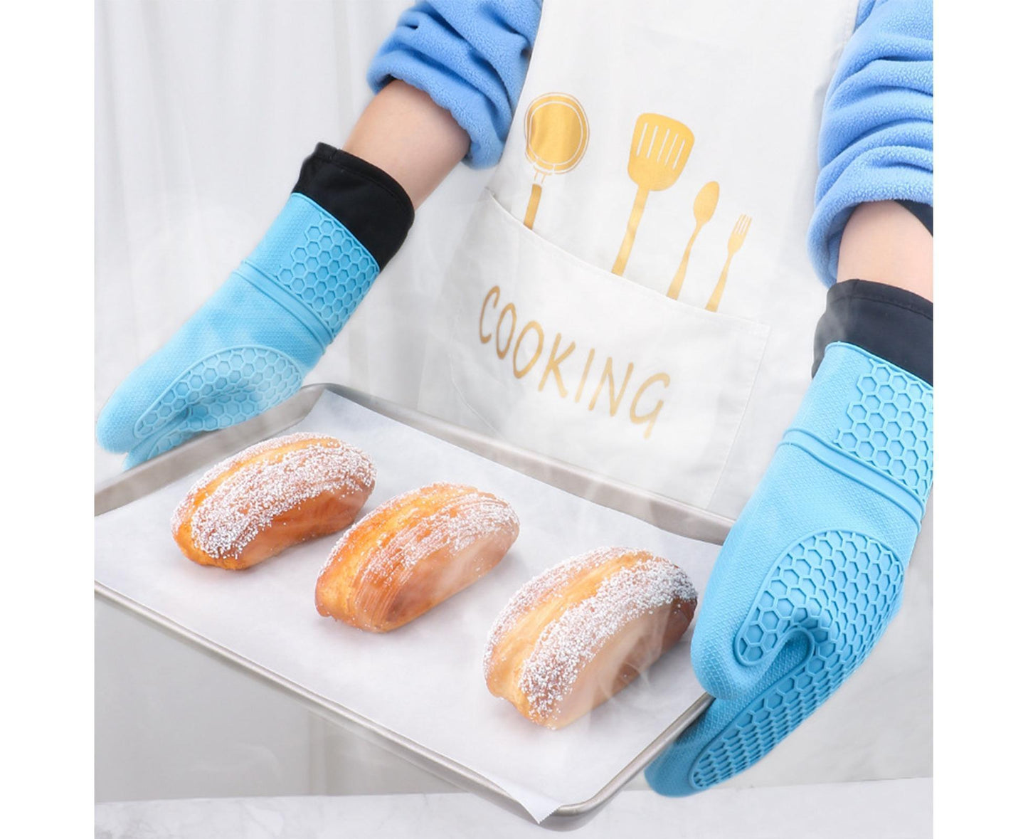 1Pc Waterproof Heat Resistant Silicone Mitt Triple Layer Hot Pads Oven Glove for Kitchen-Blue