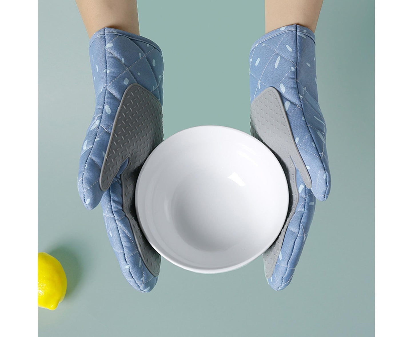1 Pair Oven Gloves Anti-sbabies Heat Insulation Fabric Thicker Baking Mitts for Kitchen-Blue