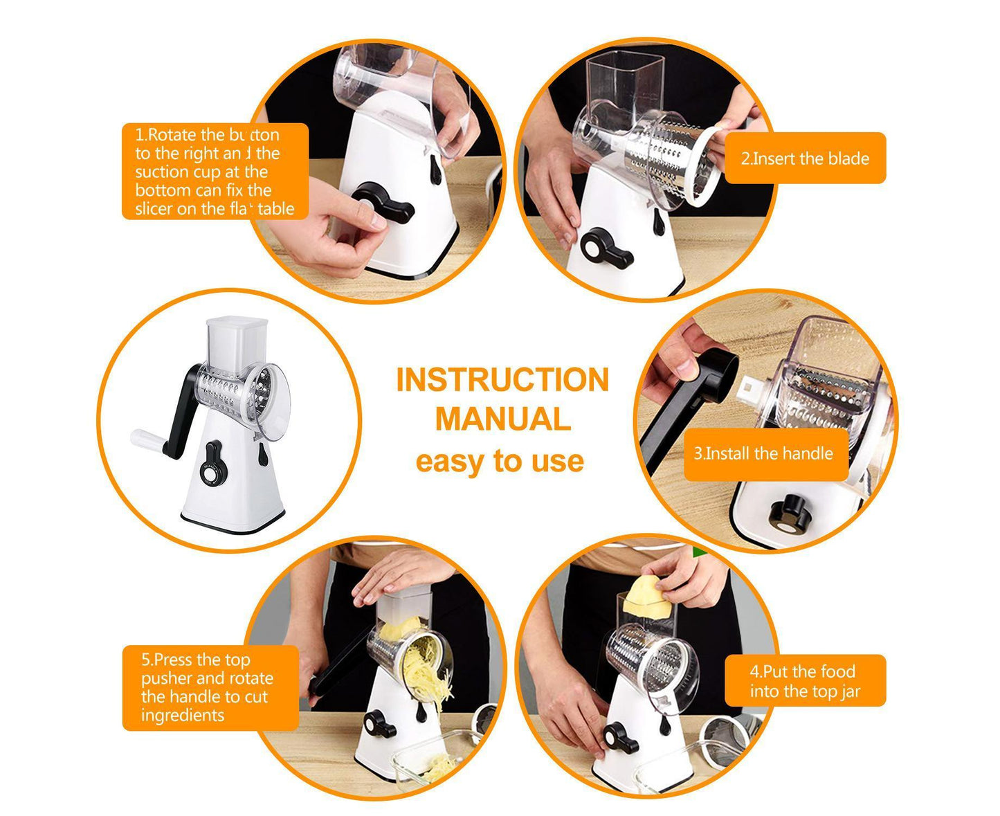 Kitchen Multifunction Vegetable Food Slicer Manual Rotary Drum Grater Chopper WHITE