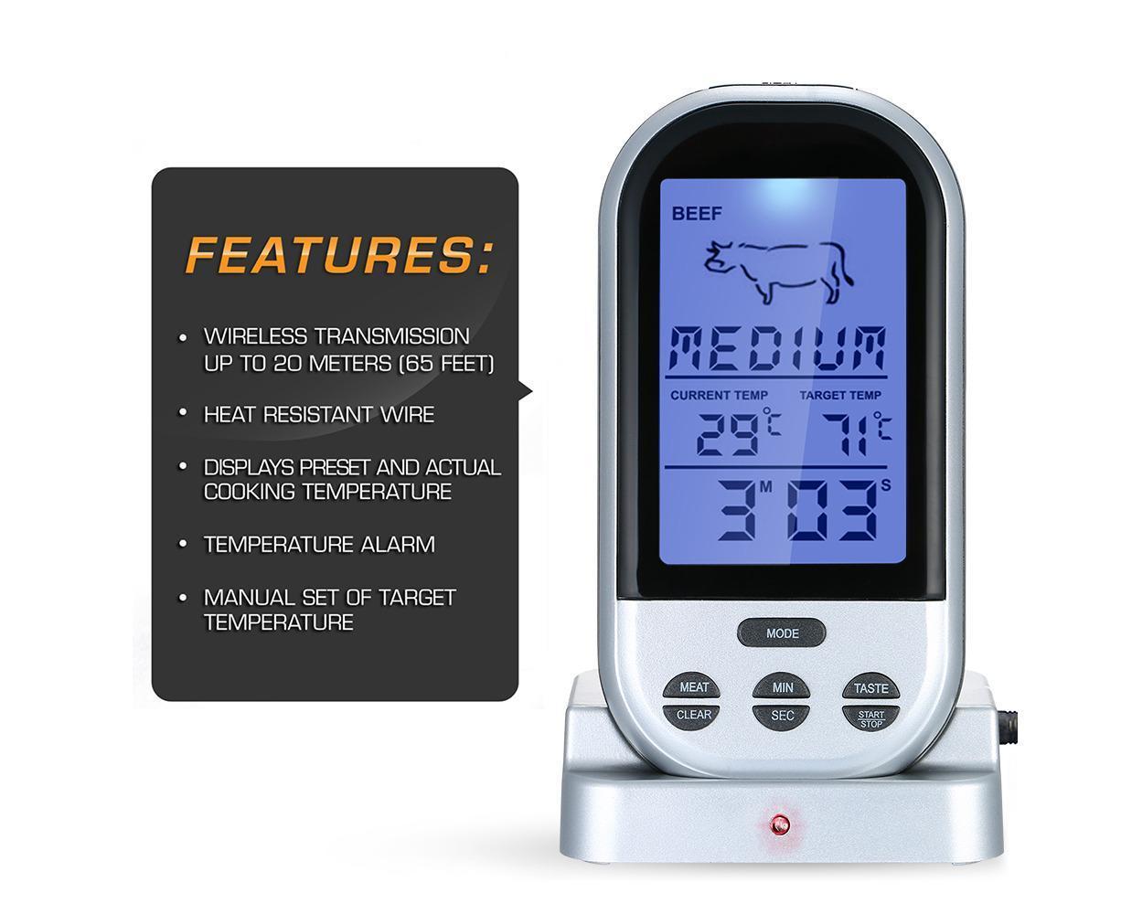 Wireless Meat Thermometer with Probe LCD Display Grey