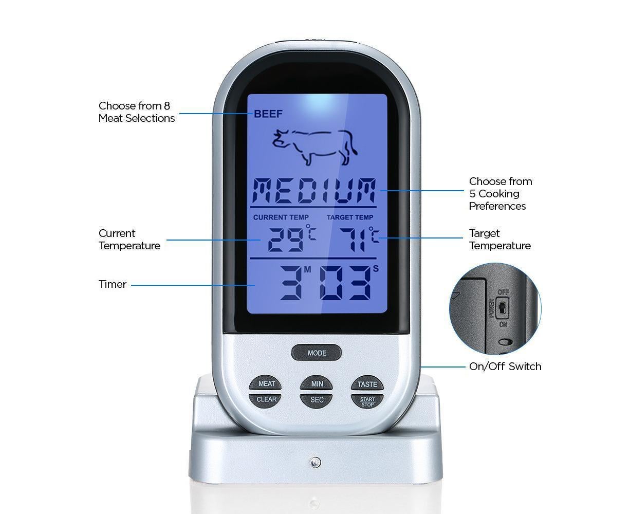 Wireless Meat Thermometer with Probe LCD Display Grey