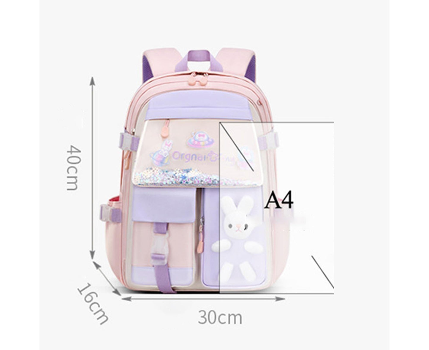 Students Backpack Cartoon Rabbit Waterproof Oxford Cloth Smooth Zipper Bookbag School Bag for Middle School Students - Pink