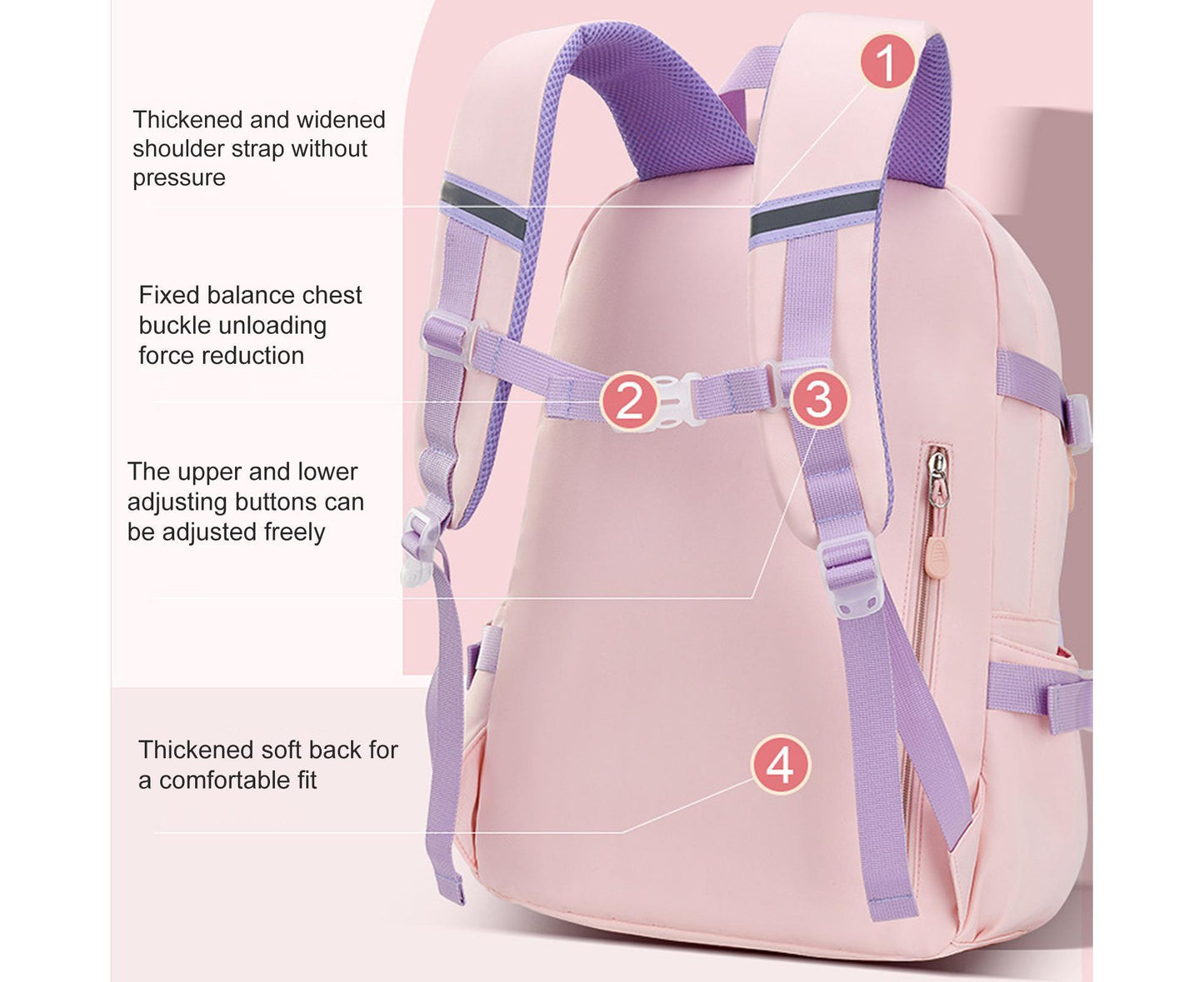 Students Backpack Cartoon Rabbit Waterproof Oxford Cloth Smooth Zipper Bookbag School Bag for Middle School Students - Pink