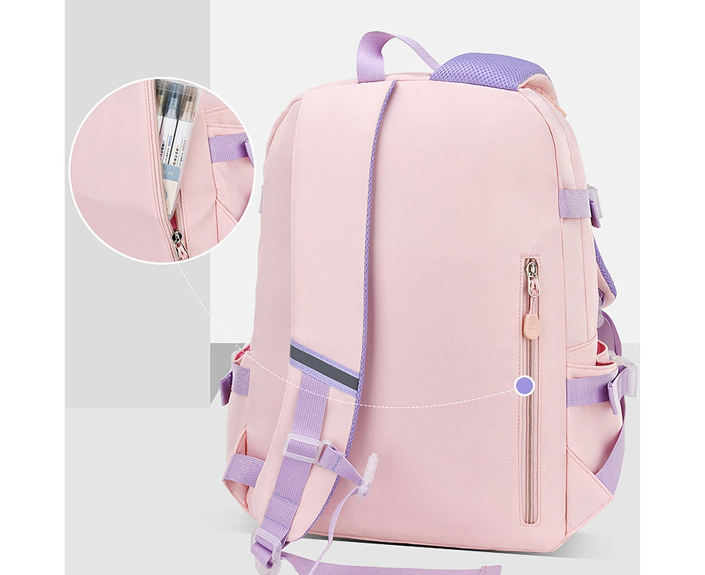 Students Backpack Cartoon Rabbit Waterproof Oxford Cloth Smooth Zipper Bookbag School Bag for Middle School Students - Pink