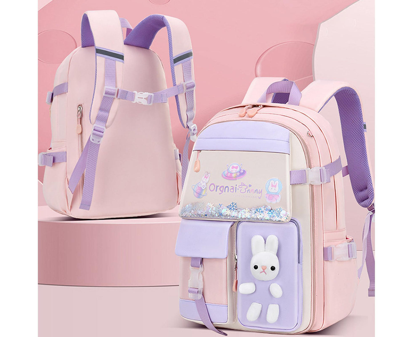 Students Backpack Cartoon Rabbit Waterproof Oxford Cloth Smooth Zipper Bookbag School Bag for Middle School Students - Pink