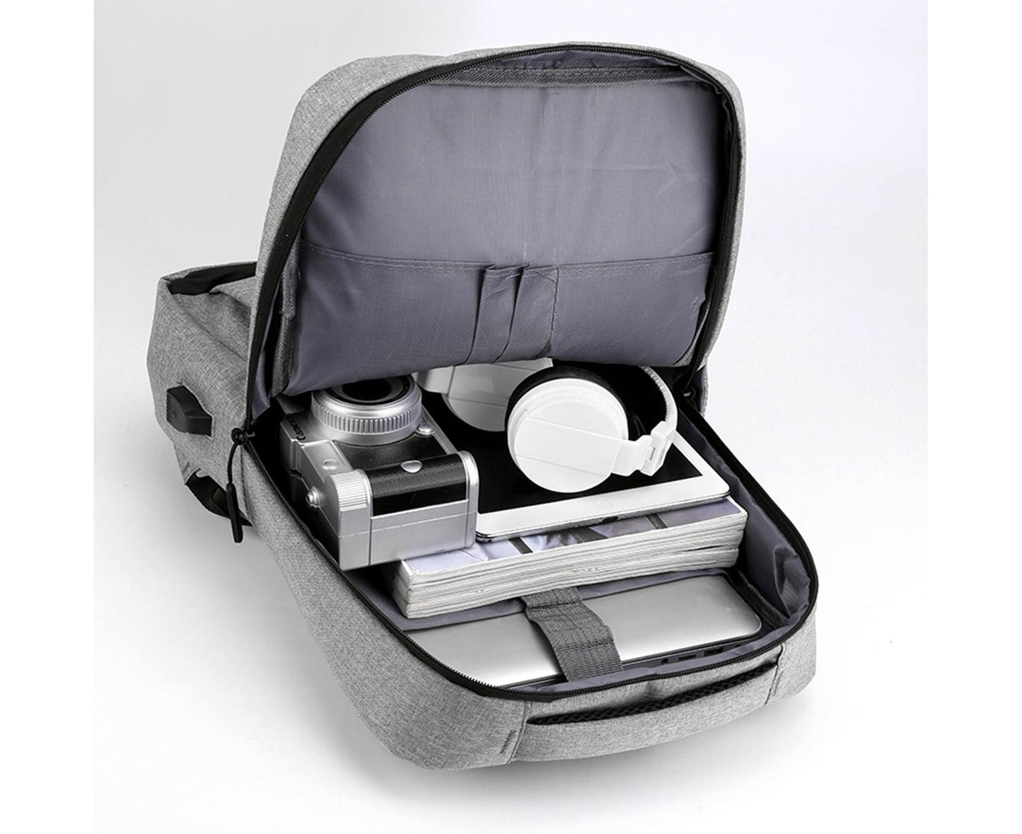 Unisex Backpack Adjustable Shoulder Straps Multilayer Multifunction USB Charging Port Casual Rucksack for Outdoor - Light Grey