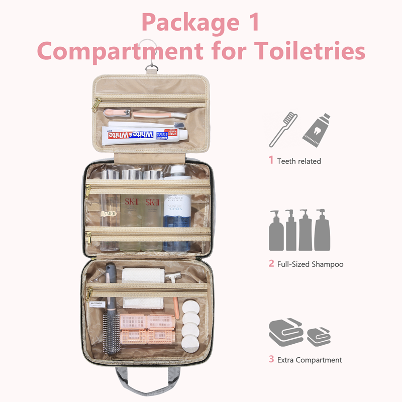 Ladies toiletry bag - Men's toiletry bag - Travel toiletry bag - Portable hanging storage box - Suitable for travel size shampoo, conditioner, skincare products and makeup accessories-Gray