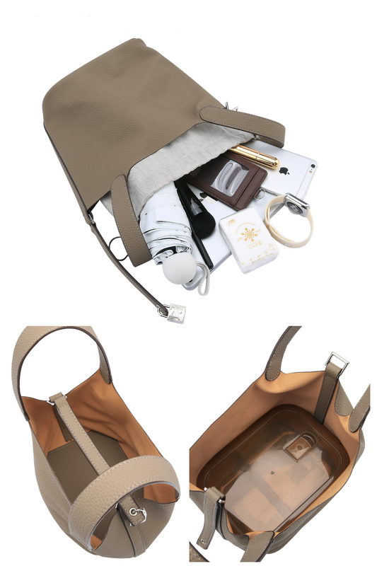 Tote Bag for Women Vegan Leather Bucket Purse for Women Top Handle Handbag Shoulder Bag-Greyish Apricot