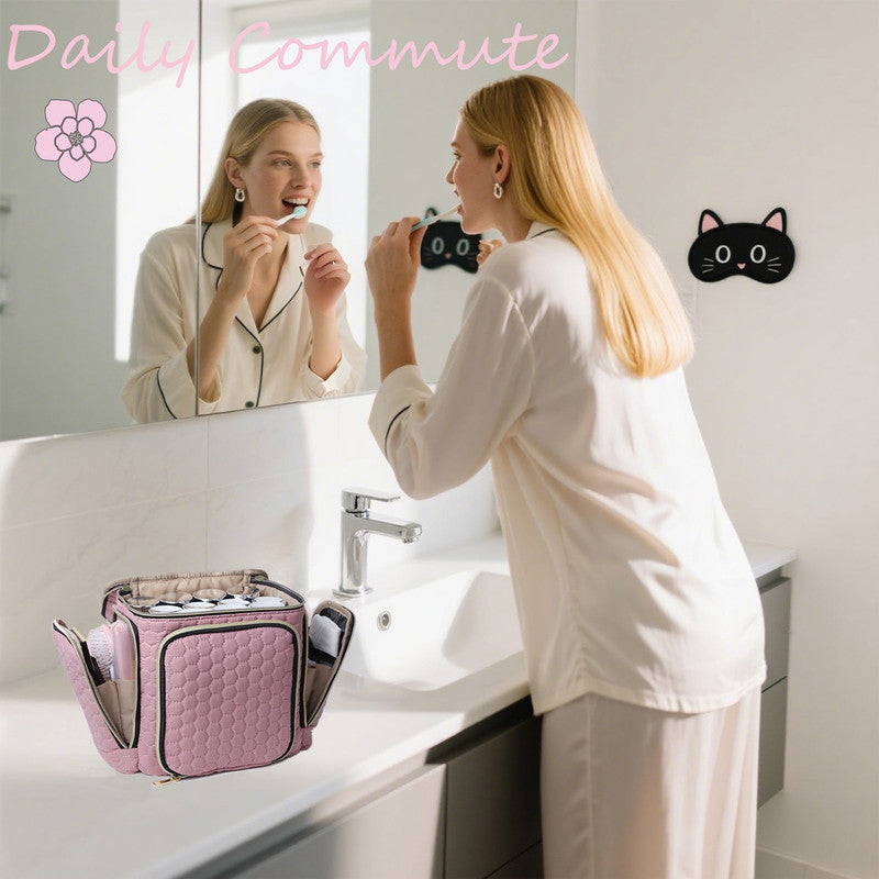 Travel Makeup Bag with Handle — Large Multi-Compartment Cosmetic Organizer, Portable Toiletry Bag for Women