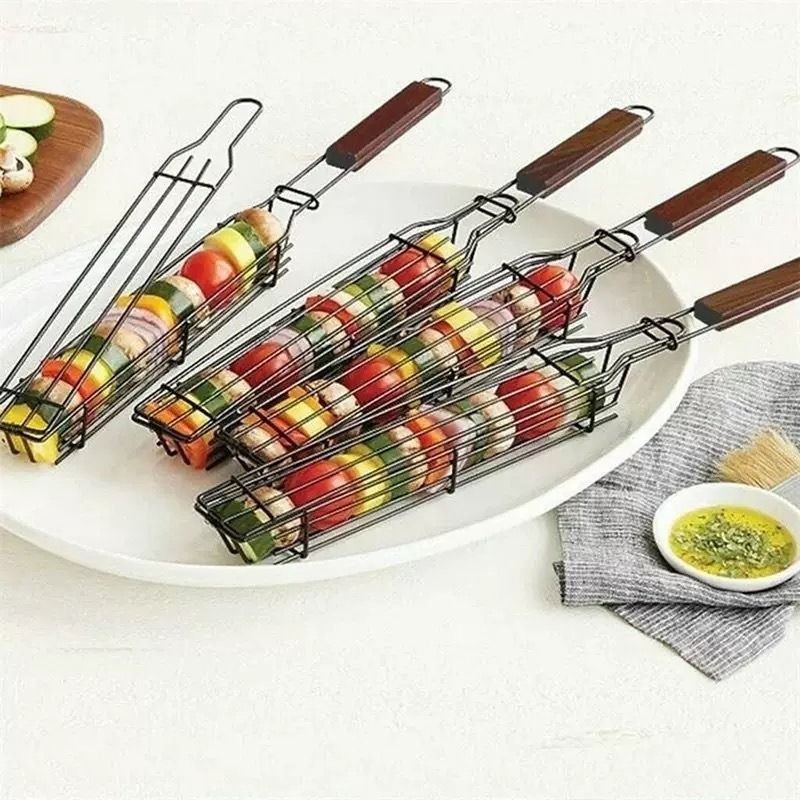 Wood Handle Stainless Steel BBQ Grill Basket Clip Camping Grill Tools