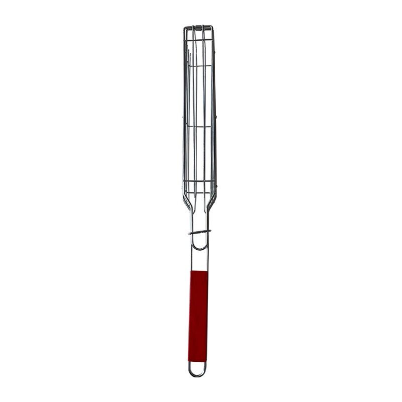 Red Wood Handle Stainless Steel BBQ Grill Basket Clip Camping Grilling Tools