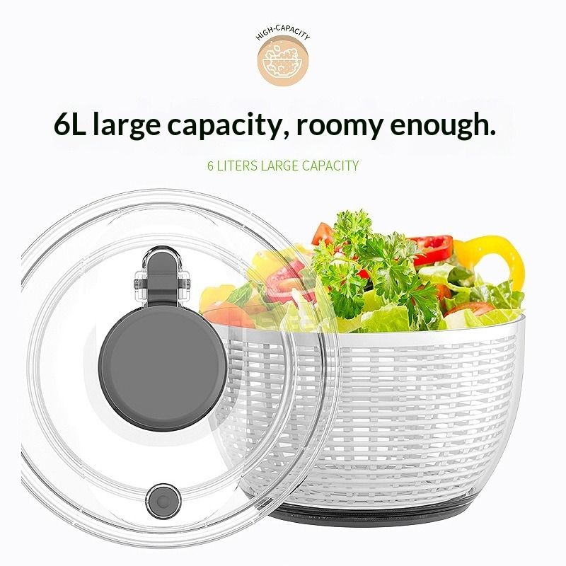 6L Press-Type Salad Spinner, Multifunctional Vegetable Dryer, Household Fruit Washer Drain Basket for Fitness Meal Greens