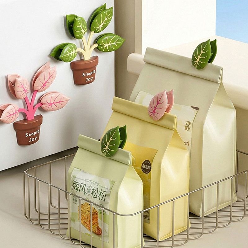 Household Food Bag Freshness Sealing Clips, Creative Plant Pot Magnetic Clips, Multifunctional Fridge Magnet Clips, Cute Leaf-Shaped Food Bag Clips，2-pack - Pink + Green