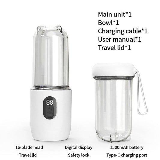 Portable Electric Juicer Cup, with Digital Display, for Home Use, High-Power 16-Blade Head, Large-Capacity Outdoor Portable Wireless Charging Juicer Cup, Food-Grade Material with Child Safety Lock Design - White