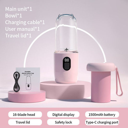 Portable Electric Juicer Cup, with Digital Display for Home Use, High-Power 16-Blade Head, Large-Capacity Outdoor Portable Wireless Charging Juicer Cup, Food-Grade Material with Child Safety Lock Design - Pink