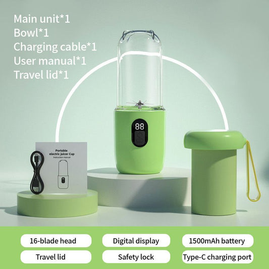 Portable Electric Juicer Cup, with Digital Display for Home Use, High-Power 16-Blade Head, Large-Capacity Outdoor Portable Wireless Charging Juicer Cup, Food-Grade Material with Child Safety Lock Design - Green