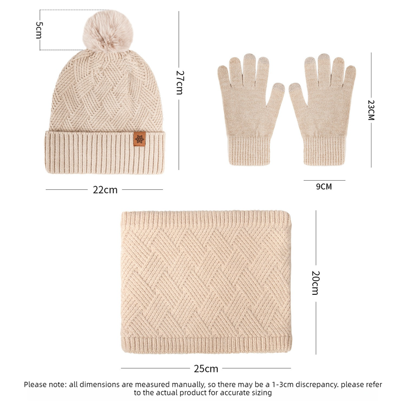 Women's Fashionable Winter 3-Piece Set: Knit Hat, Scarf, and Gloves.  A must-have for outdoor skiing and cycling - Khaki