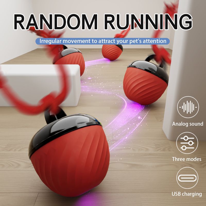 Electric Rolling Pet Ball for Cats and Dogs, Durable, Chew-Resistant, Rope-Knot, Squeaky, and Glowing Toy - Red