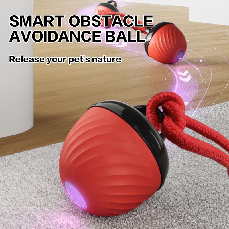 Electric Rolling Pet Ball for Cats and Dogs, Durable, Chew-Resistant, Rope-Knot, Squeaky, and Glowing Toy - Red