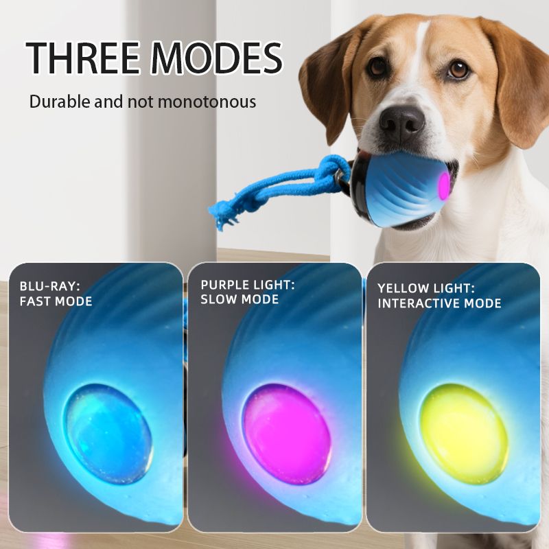 Electric Rolling Pet Ball for Cats and Dogs, Durable, Chew-Resistant, Rope-Knot, Squeaky, and Glowing Toy - Blue