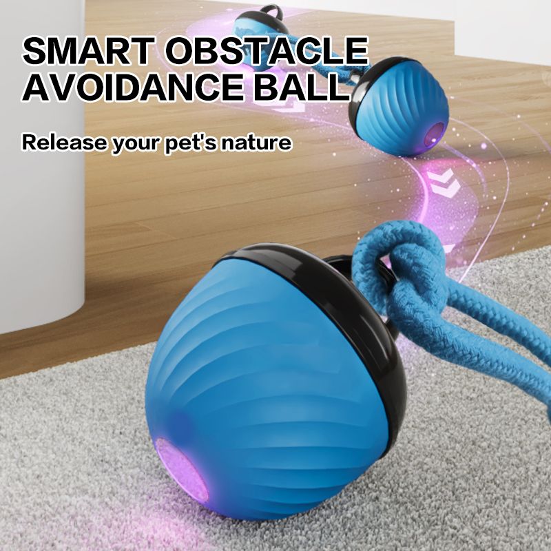 Electric Rolling Pet Ball for Cats and Dogs, Durable, Chew-Resistant, Rope-Knot, Squeaky, and Glowing Toy - Blue