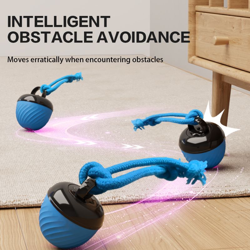 Electric Rolling Pet Ball for Cats and Dogs, Durable, Chew-Resistant, Rope-Knot, Squeaky, and Glowing Toy - Blue