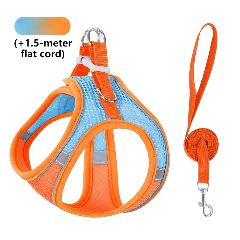 Breathable Reflective Pet Harness Set: Vest-Style Dog Harness + Leash - Orange and Blue-S