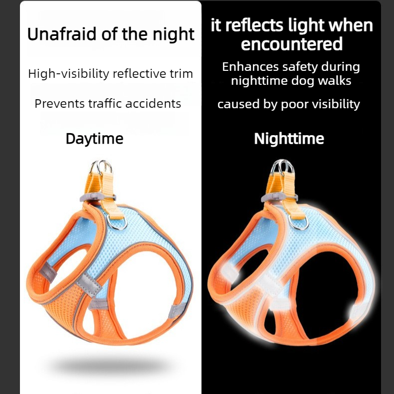 Breathable Reflective Pet Harness Set: Vest-Style Dog Harness + Leash - Orange and Blue-S
