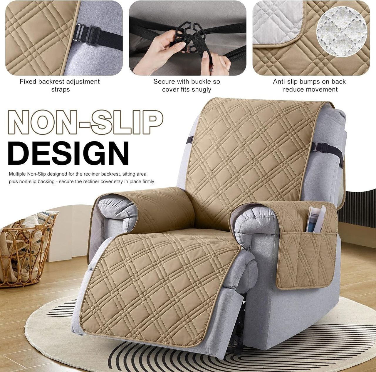 100% Waterproof Triple-Line Quilted Single Armchair Cushion, Non-Slip, Scratch-Resistant, Adjustable - Black-XL