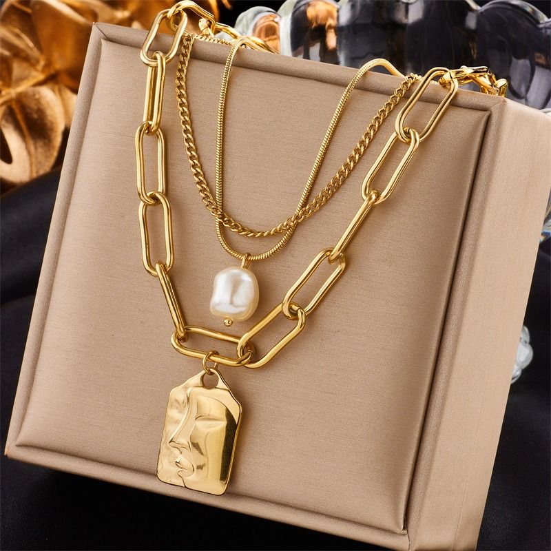 Artistic Face Pearl Necklace, Three-Strand Layered Gold-Plated Collar Necklace, Unique Women's Fashion Necklace - Gold