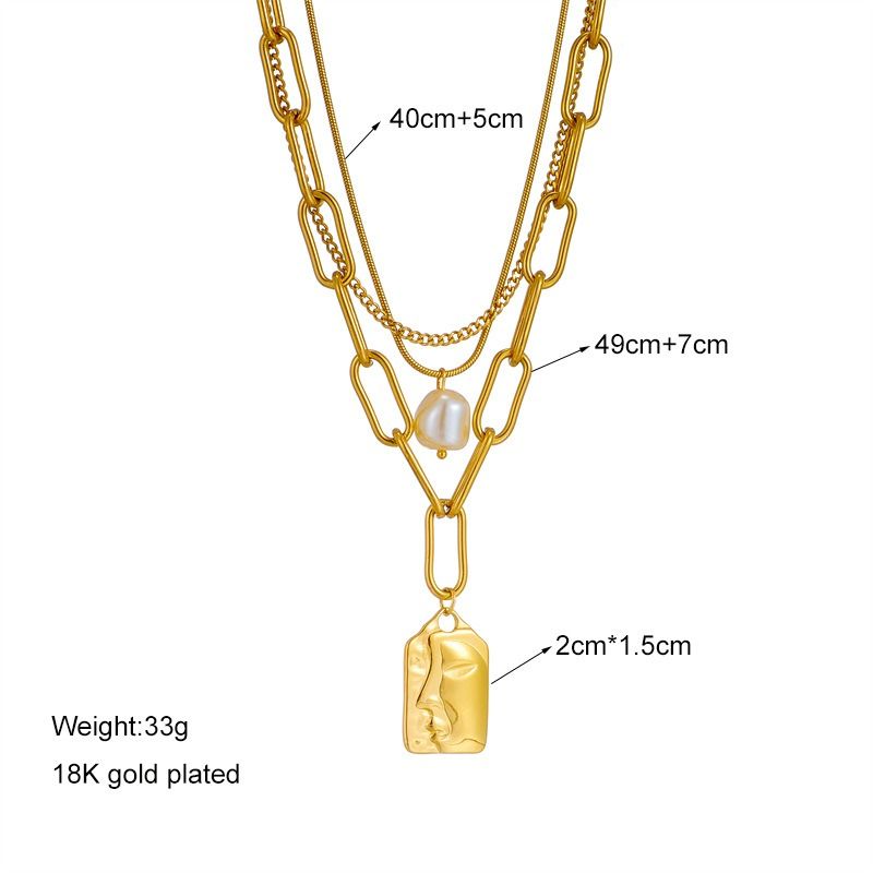 Artistic Face Pearl Necklace, Three-Strand Layered Gold-Plated Collar Necklace, Unique Women's Fashion Necklace - Gold