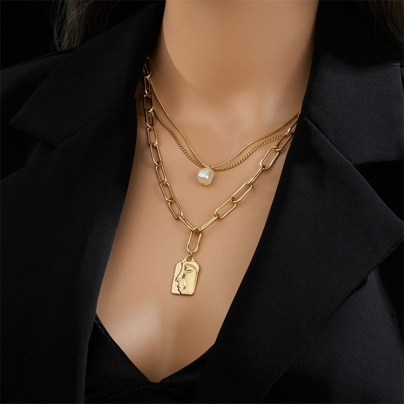 Artistic Face Pearl Necklace, Three-Strand Layered Gold-Plated Collar Necklace, Unique Women's Fashion Necklace - Gold